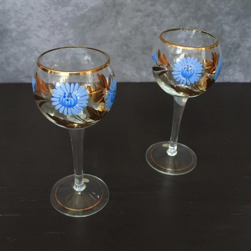 Vintage Romanian Hand Painted Blue Floral Gold Leaf Cordial Glasses Pair